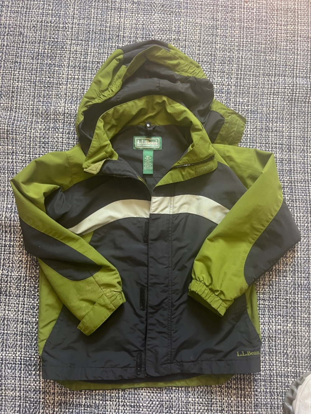 L.L. Bean Kids Hooded Raincoat in Green and Black with Reflective Stripe